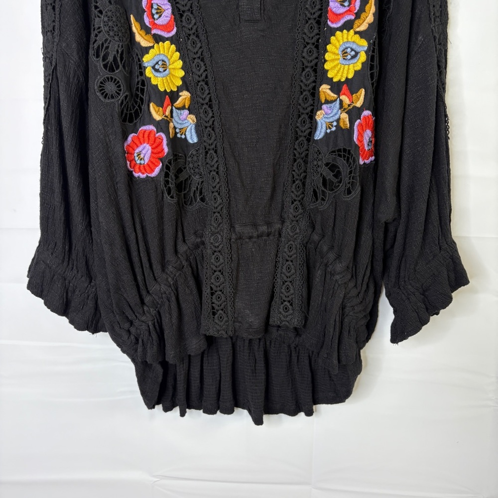 Free People Serafina Black‎ Embroidered Peasant Top - Small Boho - Picture 8 of 15